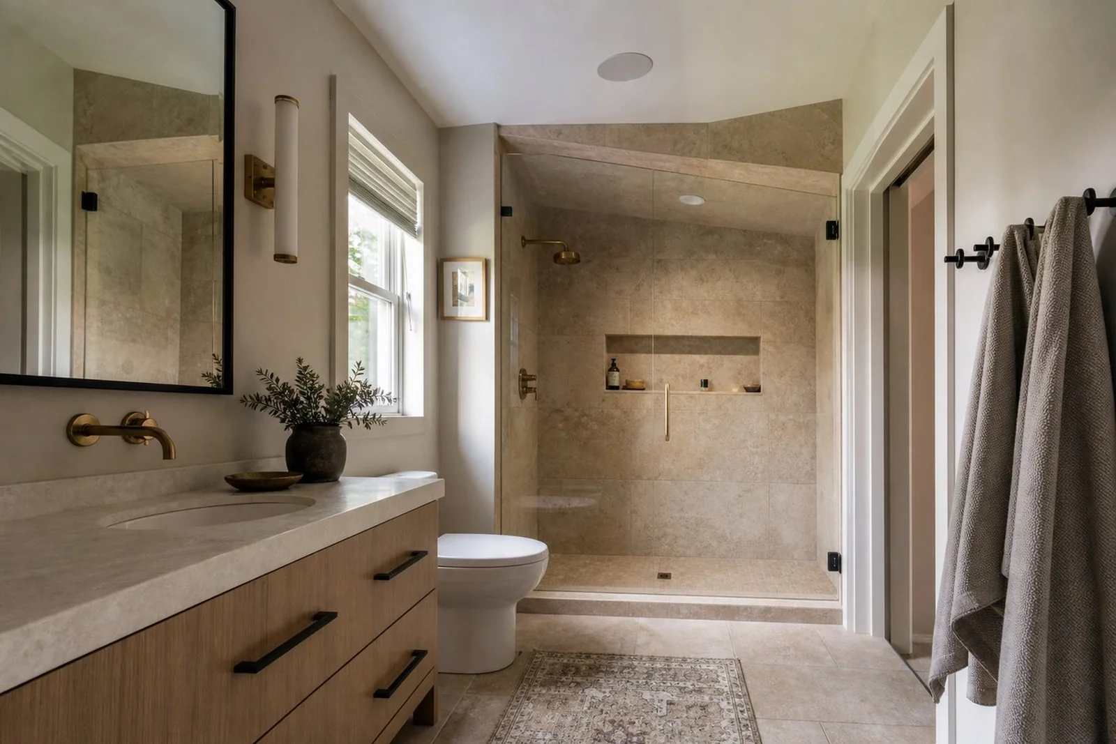 Representative walk-in shower and vanity design for a residential bathroom remodel