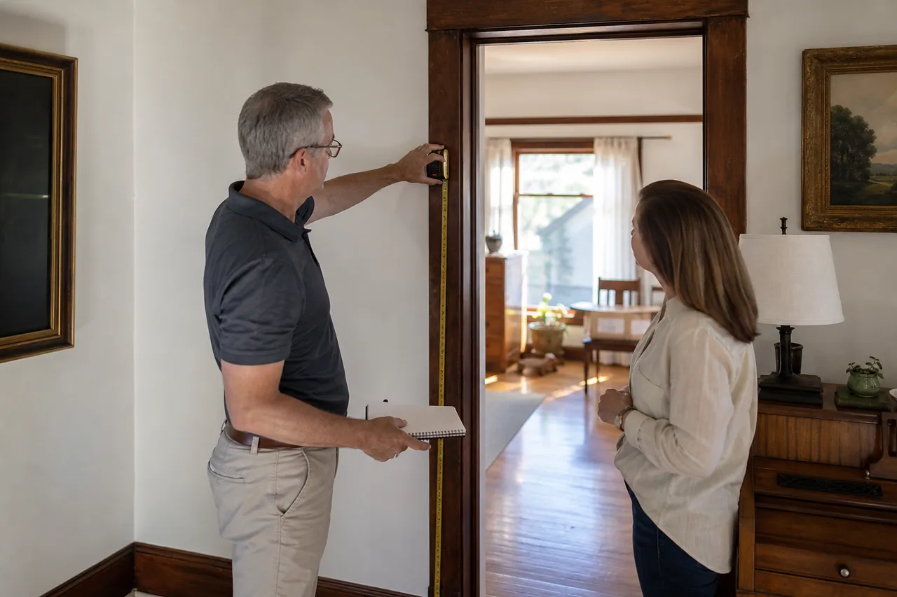 Contractor measuring a residential doorway during a project walkthrough