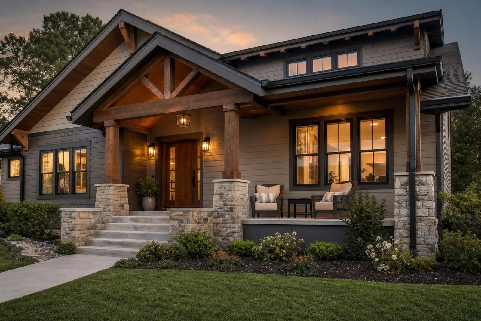 Beautiful representative TrueBuilt residential remodel exterior with warm porch lighting and premium curb appeal
