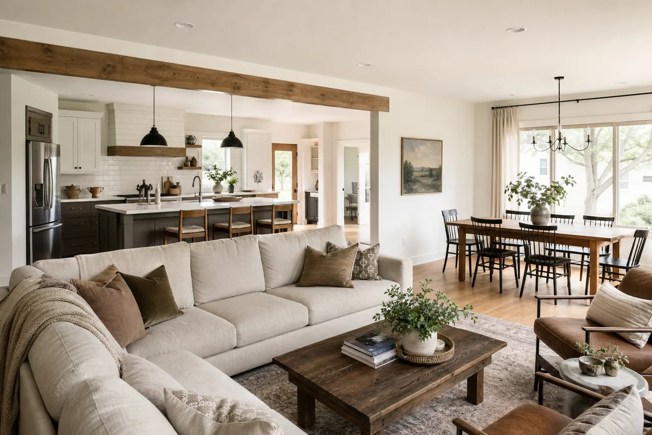 Representative whole-home interior remodel with coordinated flooring, walls, trim, and living spaces